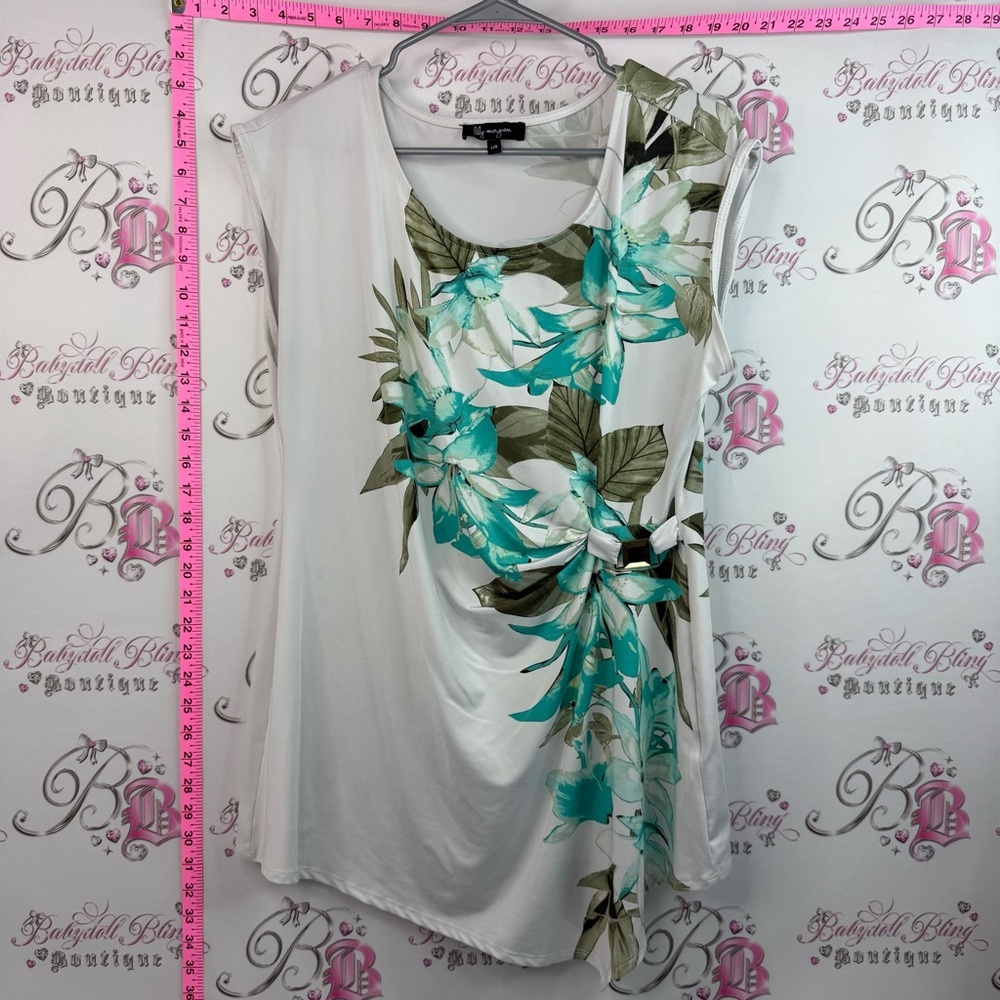 Lily Morgan tank top fairy hem White Sleeveless Top with Teal & Olive Floral